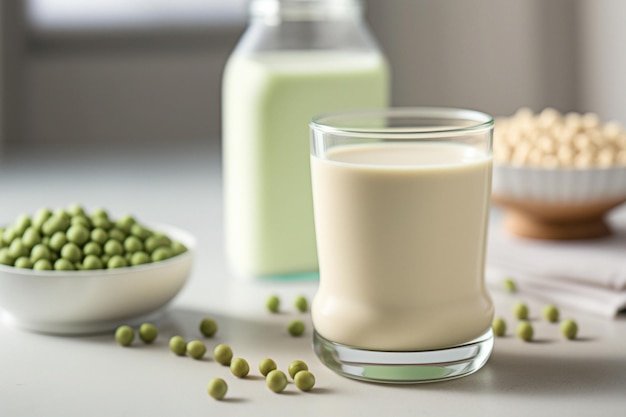 Szklanka z wegańskim mlekiem z białka grochu na białym stole Generative AI