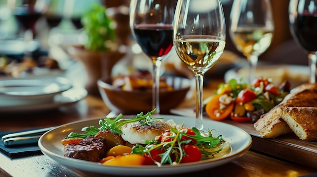 Szklanka z winem i zestaw przekąsek z winem serem mięso warzywa i inne przekąski na stole selektywne skupienie Generatywne AI