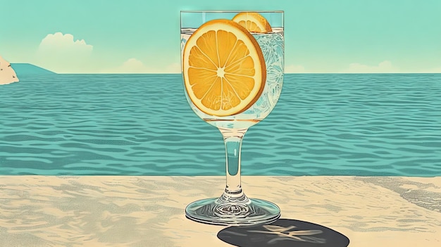 Szklanka z wodą cytrynową w piasku na plaży Scena wakacyjna z szklanką limonady na linii brzegowej Generatywna sztuczna inteligencja