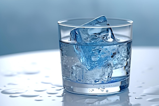 Szklanka z wodą i kostkami lodu na niebieskim tle Orzeźwiający i chłodzący napój Generative AI