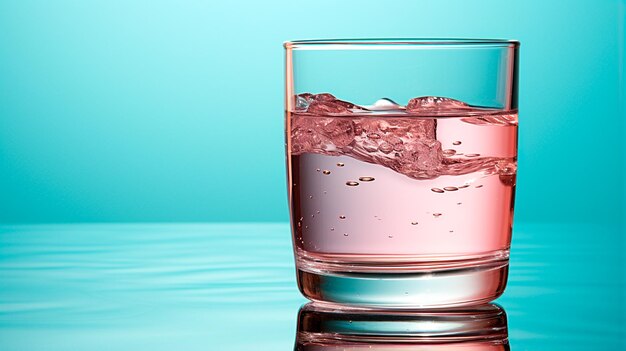 Zdjęcie szklanka z wodą na różowym i niebieskim tle