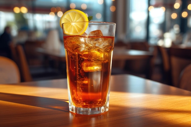 Zdjęcie szklanka zbliżeniowa long island ice tea koktajl ozdobiona miętą na stole w kawiarni wygenerowanej przez ai