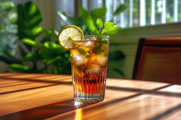 Szklanka zbliżeniowa long island ice tea koktajl ozdobiona miętą na stole w kawiarni wygenerowanej przez AI