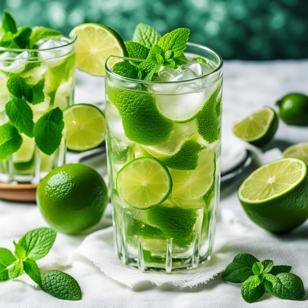 Szklanka zielonego limonkowego mojito z miętą i lodem na białym obrusie Generative AI