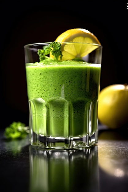Szklanka zielonego smoothie z cytryną na boku