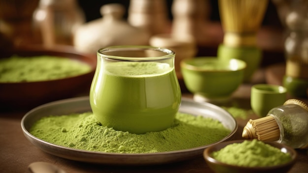 Szklanka zielonej herbaty Matcha na talerzu proszku Matcha