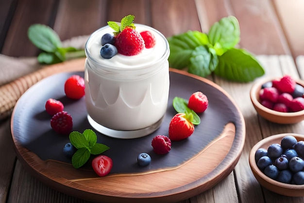 szklankę jogurtu z jagodami i miętą