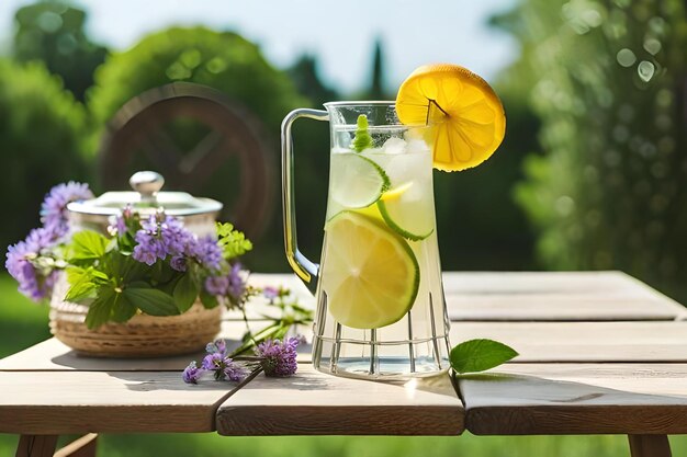 Szklankę lemoniady z kawałkiem cytryny na boku.