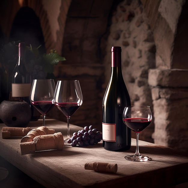 Szklanki czerwonego wina na drewnianym stole na ciemnym tle muru w piwnicy winiarskiej AI generowane