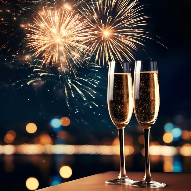 Zdjęcie szklanki do szampana pić wino z fajerwerkami lub światła bokeh tło na świętowanie nowego roku