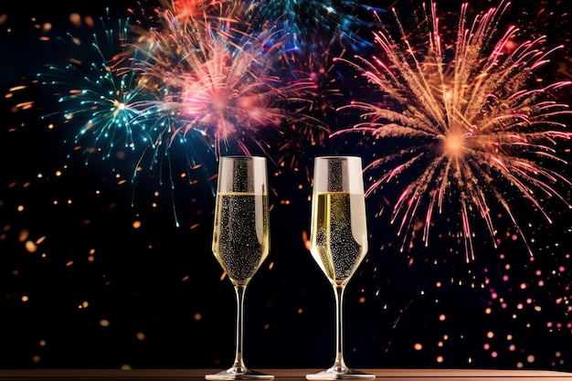 Szklanki do szampana pić wino z fajerwerkami lub światła bokeh tło na świętowanie Nowego Roku