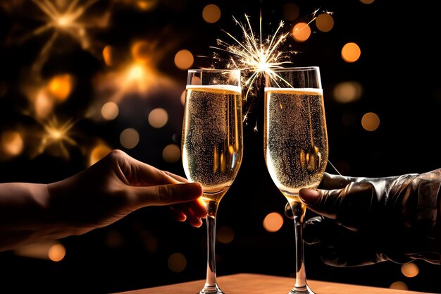 Szklanki do szampana, picie wina z fajerwerkami lub światłami bokeh na tle noworocznej uroczystości