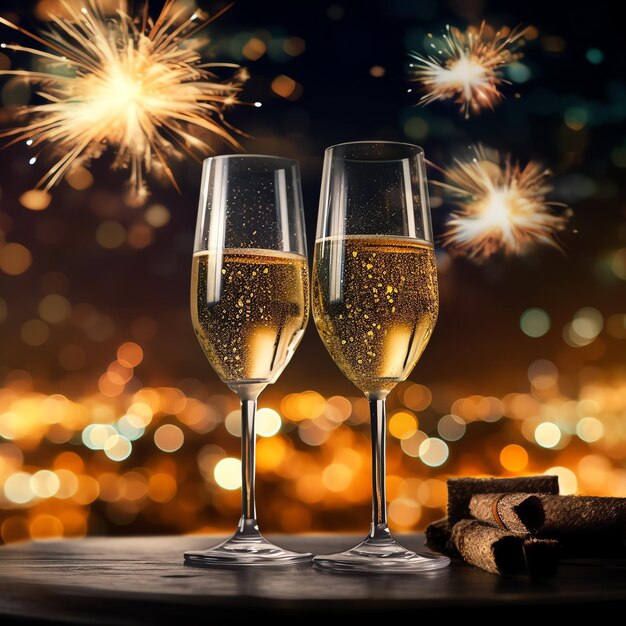 Zdjęcie szklanki do szampana, picie wina z fajerwerkami lub światłami bokeh na tle noworocznej uroczystości