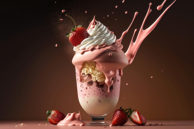 Szklanki koktajli mlecznych z czekoladą truskawkową z lodami na czarnym tle AI Generation
