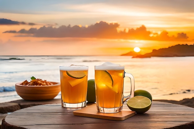 szklanki piwa z limonkami na stole z zachodem słońca w tle