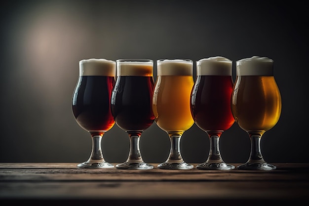 Szklanki różnych rodzajów piwa z beczki w pubie Ilustracja Generatywna sztuczna inteligencja