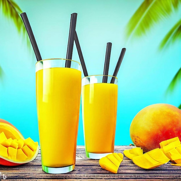 Szklanki smoothie z mango i soku z mango z czarnymi słomkami na drewnianym