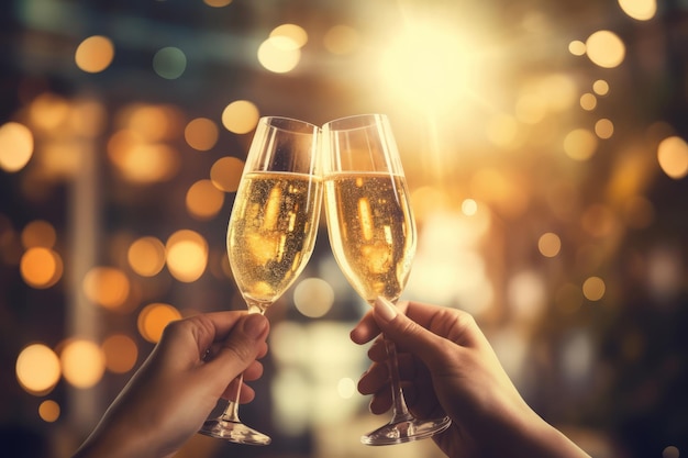 Szklanki szampana w rękach na uroczystym złotym tle