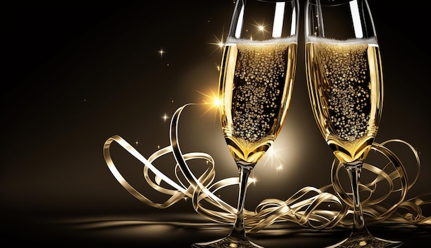 Szklanki wina na szklanym stole z tłem bokeh w zbliżeniu Nowy rok, nastrój świąteczny, kartka z pozdrowieniami, impreza i święta, święta koncepcyjne, sztuczna inteligencja generatywna