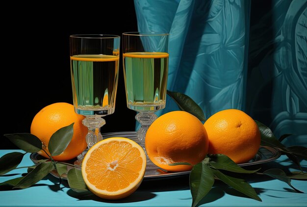 Szklanki wypełnione sokiem pomarańczowym w stylu natury morte