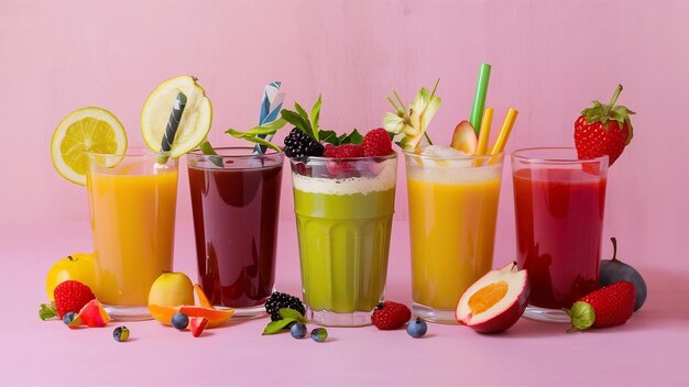 Szklanki z różnych soków z owoców i jagód wyodrębnionych na białym