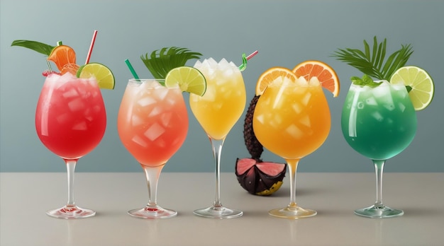 Szklanki z różnymi tropikalnymi napojami w stylu surrealistycznego popu Generatywna sztuczna inteligencja