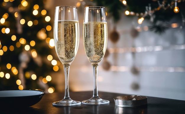 Szklanki z szampanem na tle świątecznych dekoracji