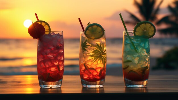 Szklanki z trzema różnymi koktajlami na plaży.