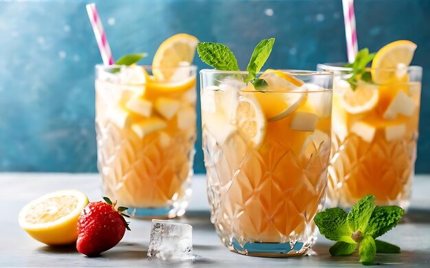 Szklanki zimnego odświeżającego napoju z owocami i lodem na stole letnia lemoniada