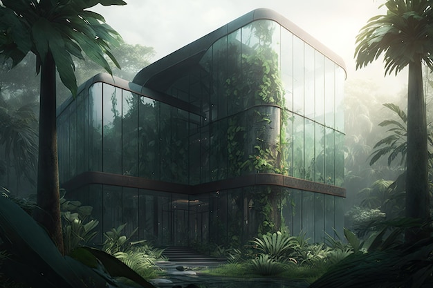Szklany budynek otoczony bujnymi ogrodami zapewnia spokojne otoczenie