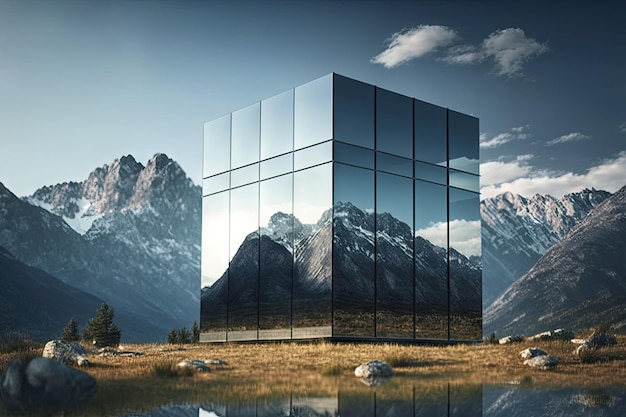 Szklany budynek otoczony naturalnym pięknem z górami i błękitnym niebem w tle