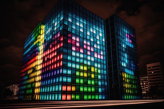 Szklany budynek wypełniony kolorowymi światłami w nocy