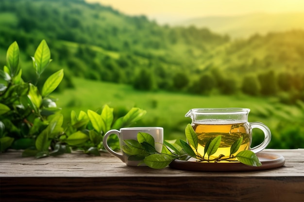 Szklany czajniczek i filiżanka herbaty siedzą na drewnianym stole z zielonym krajobrazem w tle.
