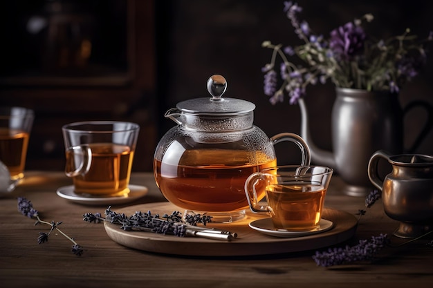 Szklany czajniczek ze szklanką lawendowej herbaty stoi na drewnianym stole.
