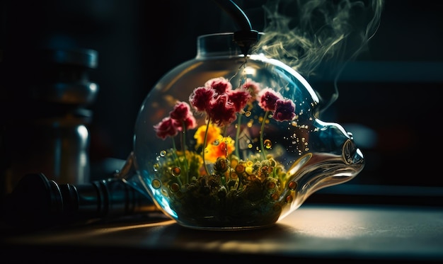 Zdjęcie szklany czajnik jest wypełniony kwiatami i parą
