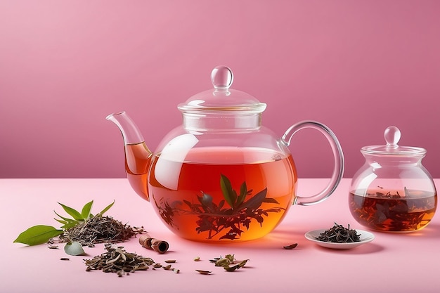 Szklany czajnik kubek herbaty i liście herbaty na różowym tle gorąca herbata ziołowa jest w szklanym czajniku na stole kopiować przestrzeń