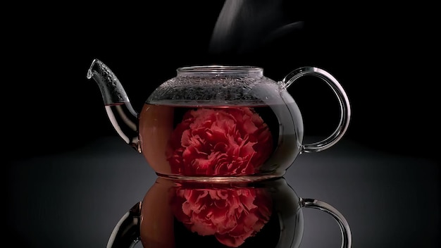 Szklany czajnik z wielokolorową herbatą na czarnym tle