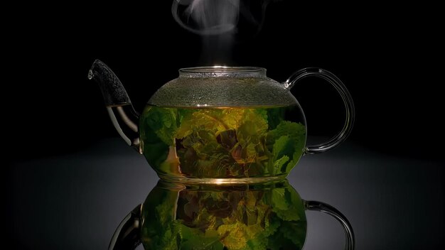 Zdjęcie szklany czajnik z wielokolorową herbatą na czarnym tle