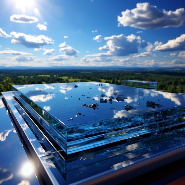 Zdjęcie szklany dach z odbiciem chmur i drzew na nim
