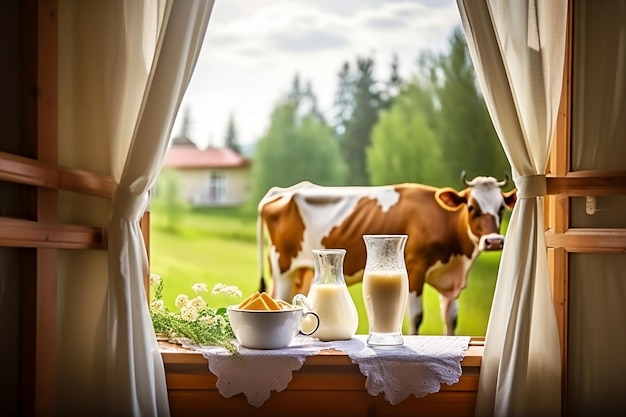 Szklany dzbanek mleka na parapecie otwartego okna na zielonej łące z krowim tłem