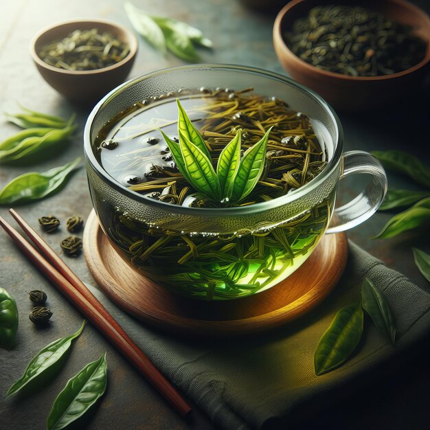 Szklany garnek z zielonymi liśćmi herbaty na ciemnym tle umieszczony na drewnianym podnóżu