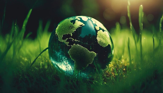 Szklany globus Ziemi w zielonej trawie Kryształowa sfera Ekologia i światowy dzień środowiska
