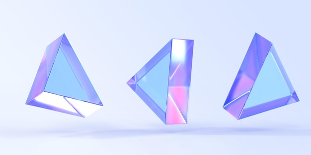Zdjęcie szklany lub kryształowy trójkąt w innym kącie widzenia renderowania 3d abstrakcyjna figura geometrycznego kształtu z holograficzną teksturą gradientu na białym tle błyszczący opalizujący obiekt zestaw ikon