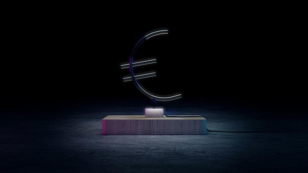 Szklany neonowy znak euro na ciemnym tle na scenie renderowania 3D