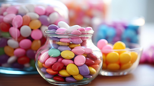 Szklany słoik z kolorowymi cukierkami stoi na stole.