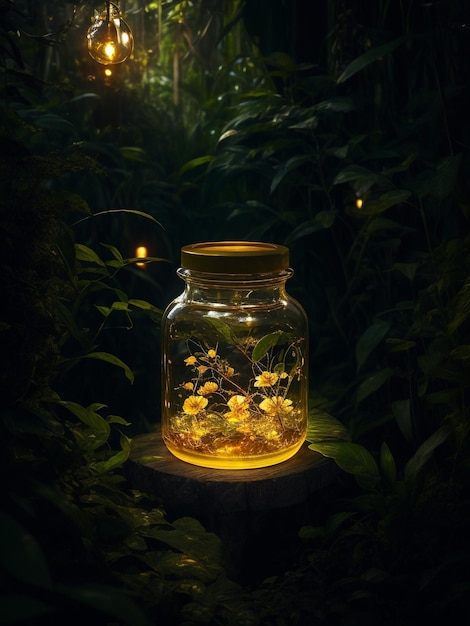 Szklany słoik z miodem postawiony na stole za nocną dżunglą