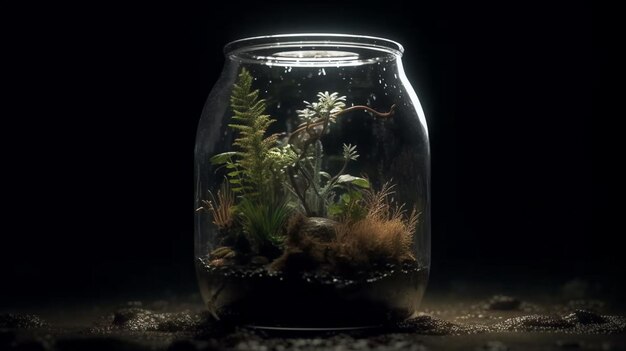 Szklany słoik z roślinami w środku i lampką na dnie.