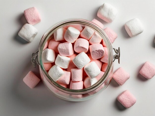 Zdjęcie szklany słoik z różowymi i białymi marshmallows wewnątrz