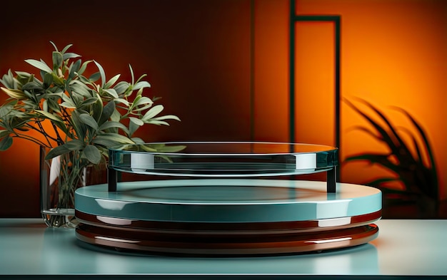 Szklany stół z wazoną z kwiatami i wazonem z rośliną w nim