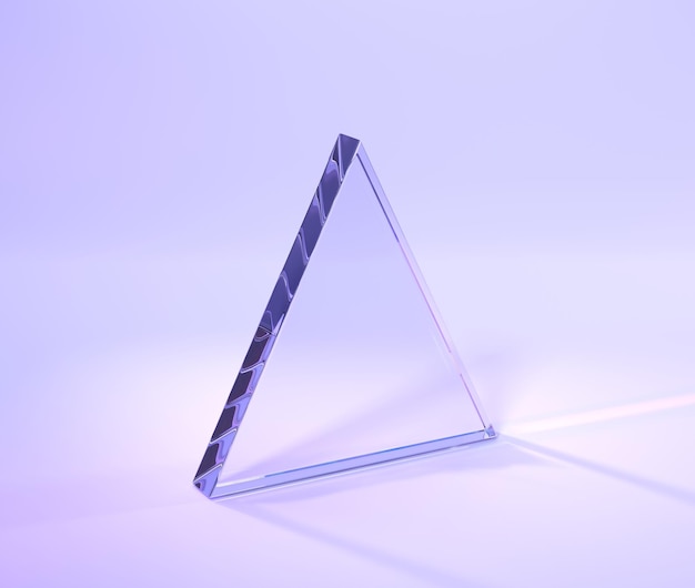 Szklany trójkąt z efektem tęczy załamania światła z pryzmatu lub kryształu renderowania 3d Przezroczysty akrylowy błyszczący panel z rozbłyskiem soczewki na fioletowym abstrakcyjnym tle geometrycznym